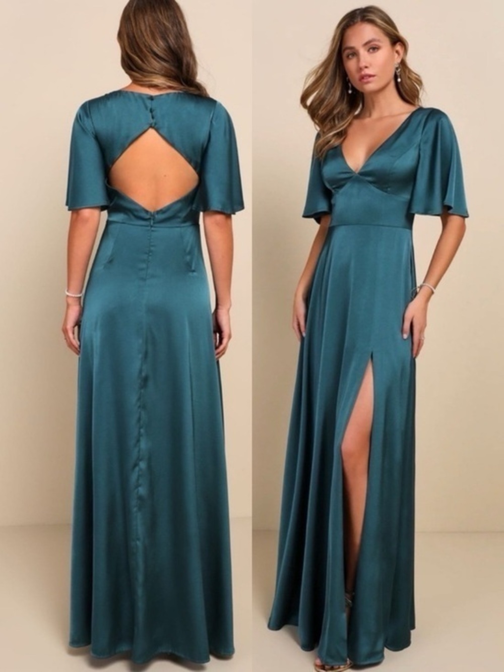 NWT Lulu’s Elegant Confidence Teal Satin Flutter Sleeve Cutout Maxi Dress Medium